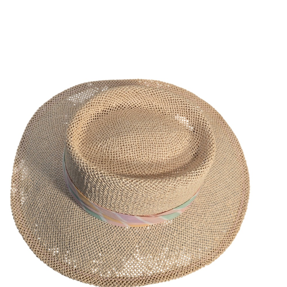 Woven Straw Sun Hat with Pastel Striped Ribbon Band Wide Brim Fedora Style - Picture 10 of 16